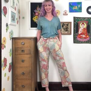 Vintage Lounge Pants, 1990s Shiny Pastel Printed Crinkle Rayon Pants, Sz M